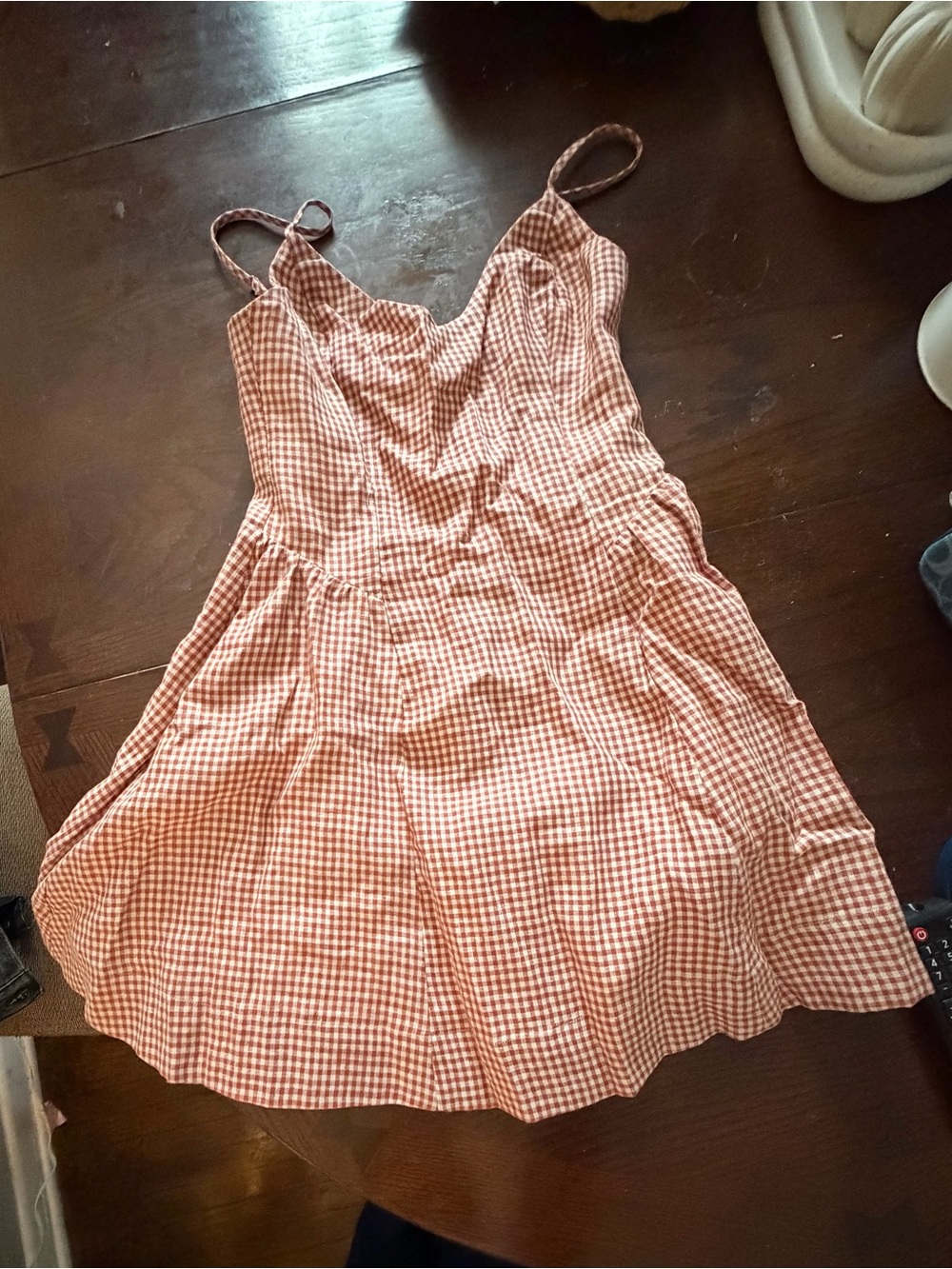 Aritzia Rust Gingham Spaghetti-Strap Mini Dress